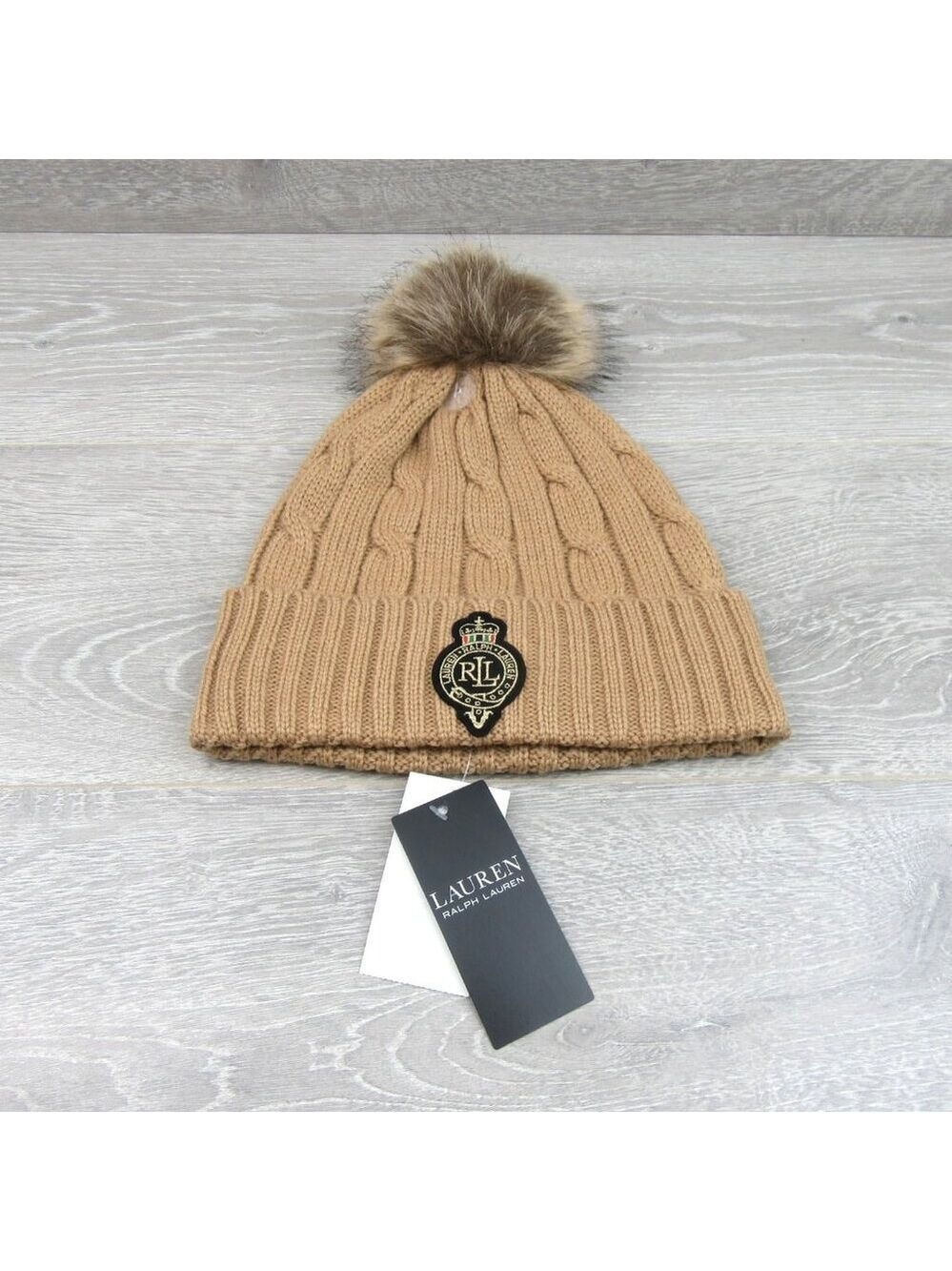 Lauren Ralph Lauren Crest-Patch Pom Pom Cable-Knit Beanie NEW - Picture 2 of 11